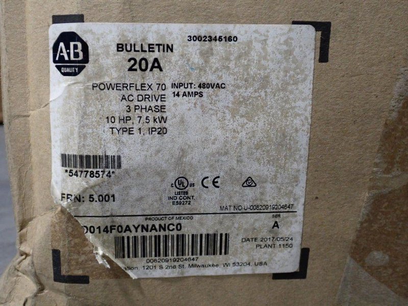 ALLEN BRADLEY 10 HP SERIES A POWERFLEX70  -  20AD014A0AYNANC0
