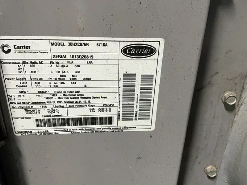 CARRIER 30 BAR WATER COOLED CHILLER  -  30HXC076R—661KA