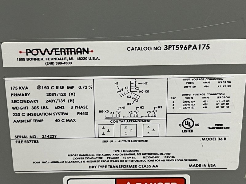 175 KVA POWERTRAN 208Y TO 240Y TRANSFORMER: STOCK #18887