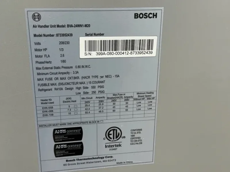 BOSCH AIR HANDLER UNIT  -  BVA – 24WN1 – M20