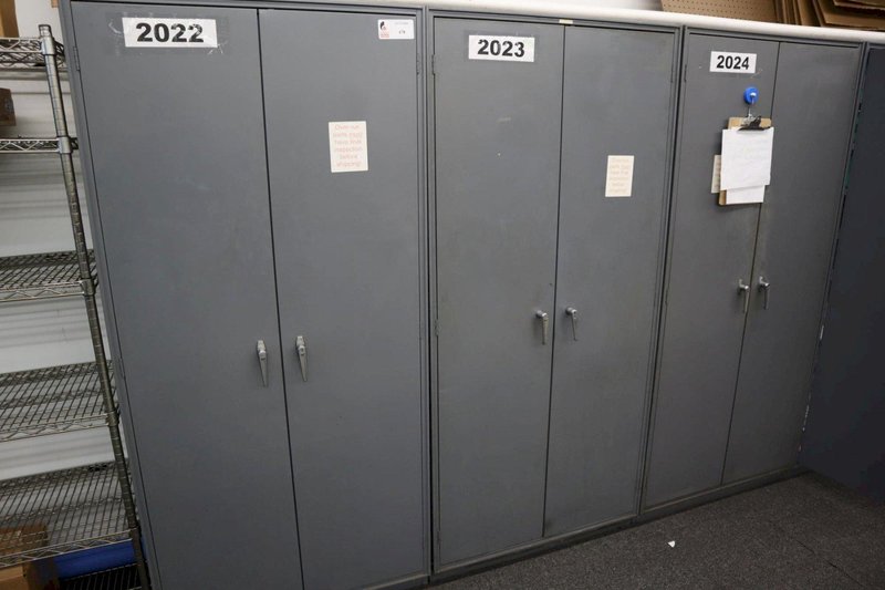 Metal 2 Door Heavy Duty Storage Cabinets (3 Units) with Adjustable Shelves and Contents of Plastic Bins and Parts- Auction Item