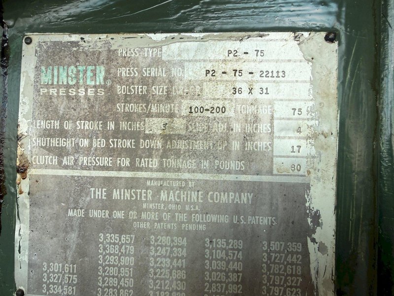 75 TON MINSTER MODEL P2-75 STRAIGHT SIDE PRESS, 3" STROKE: YOBRO #26206
