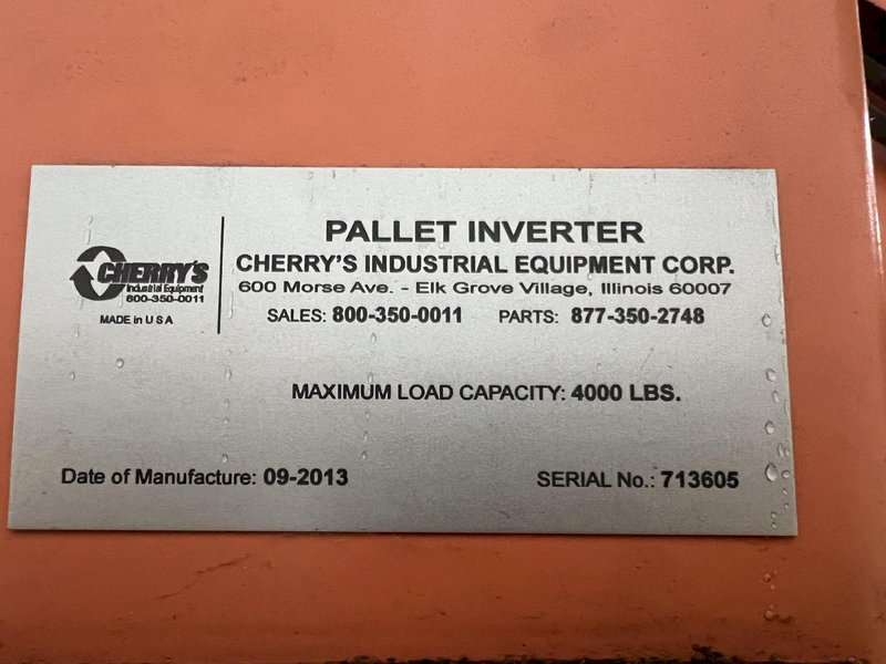 4,000 LB X 42&quot; X 48&quot; CHERRY INDUSTRIAL HYDRAULIC PALLET TYPE INVERTER / FLIPPER / TURNOVER MACHINE. STOCK #1221524