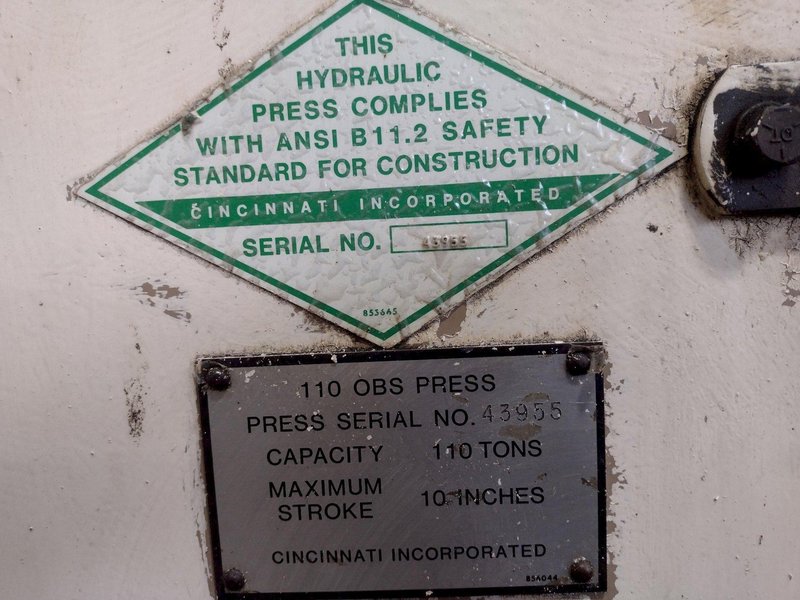 110 TON CINCINNATI MODEL #110 OBS HYDRAULIC C-FRAME PRESS, 10&quot; STROKE: STOCK 15962