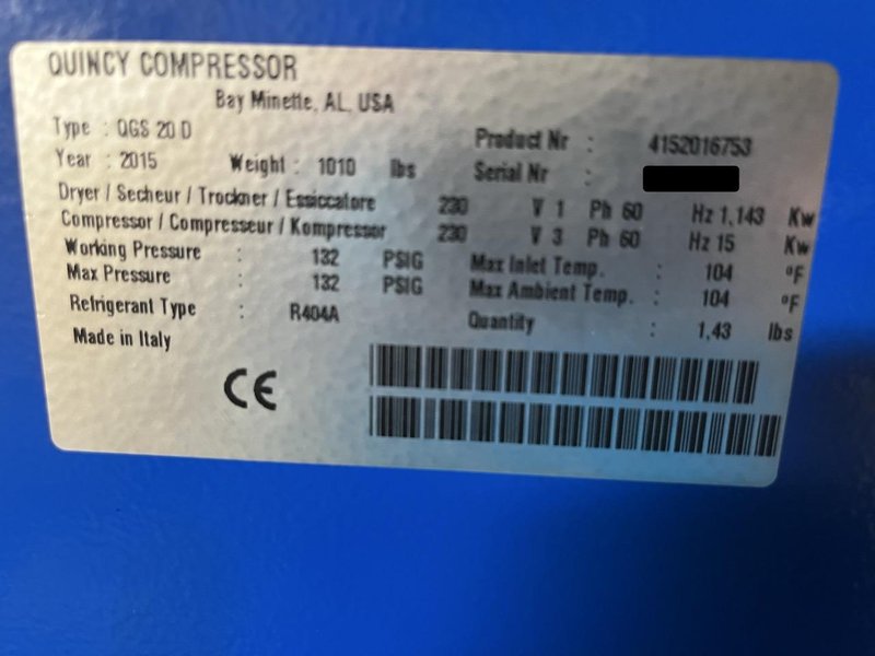 20 HP QGS‑20 Rotary Screw Air Compressor, 2015 – 125 PSI, 82 CFM, 2200 hours