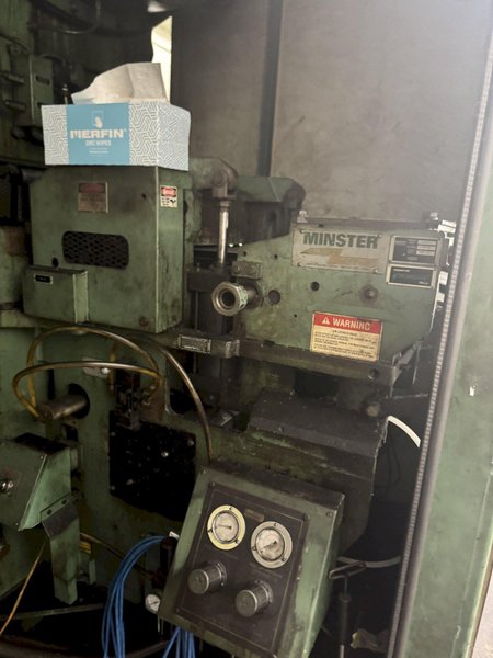 150 TON MINSTER P2-150-54 PIECE MAKER STRAIGHT SIDE HIGH SPEED PRESS WITH MINSTER FEEDLINE. STOCK # 0431226