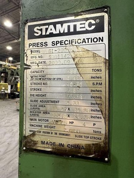 200 TON STAMTEC MODEL #G1-200 (NEW 2000) GAP FRAME PRESS