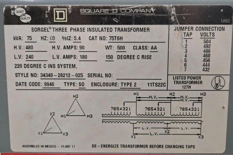 Square D 75T6H 75 kVa Transformer 3-PH, 480V – 240V USED