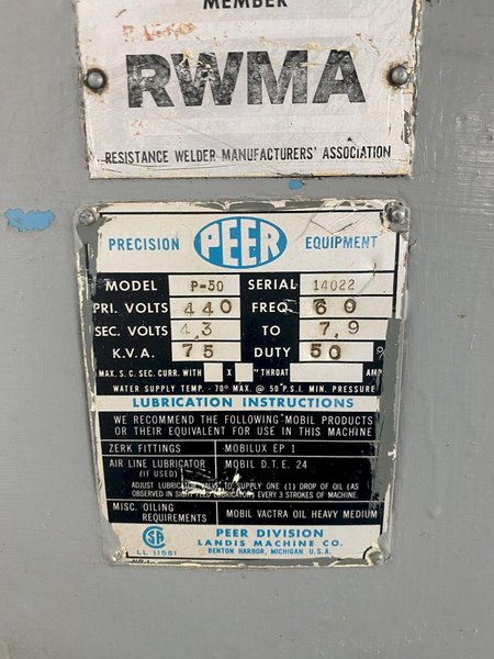 75 KVA PEER MODEL #9-50 PRESS TYPE SPOT WELDER: STOCK 11051
