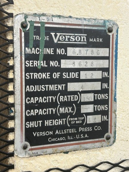150 TON VERSON MODEL #6B78G 45&quot; x 110&quot; BED GAP FRAME STAMPING PRESS, 12&quot; STROKE: YOBRO #24419