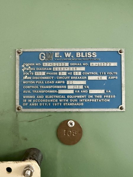 110 TON BLISS C-110 OBI PRESS. STOCK # 0789624.