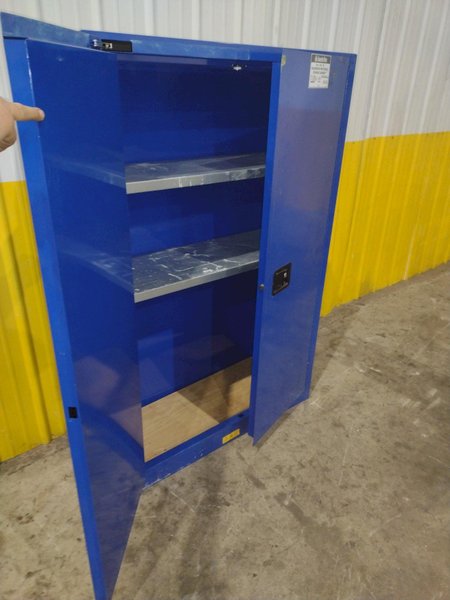 2 DOOR JUSTRITE HAZARDOUS MATERIALS STORAGE CABINET, 43” X 18” X 65” HIGH: YOBRO #24503