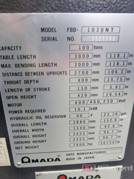 110 TON AMADA HYDRAULIC UP-ACTING PRESS BRAKE MODEL FBD-1030NT