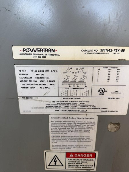 75 kVA POWERTRAN 36B STEP-DOWN TRANSFORMER. STOCK # 0541126