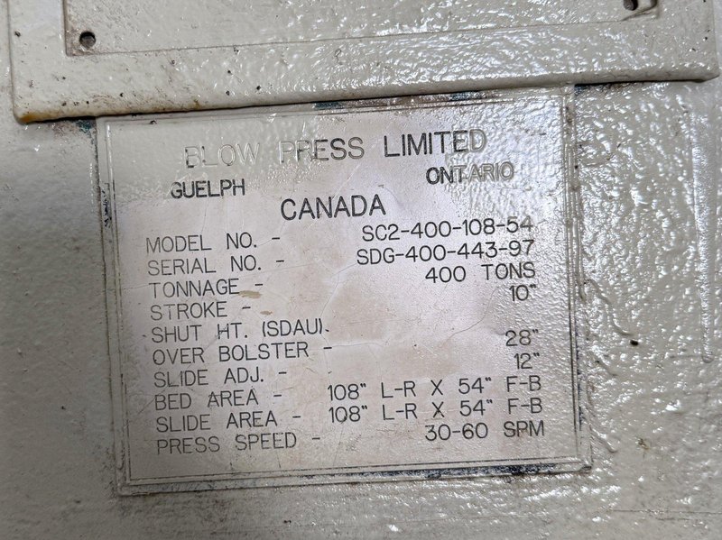 400-ton Blow SC2-400-108-54 Straight Side Mechanical Stamping Press For Sale, Year 1997