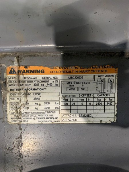 4,450 LB. MITSUBISHI MODEL FBC25N-AC ELECTRIC FORKLIFT. STOCK # 1162923.