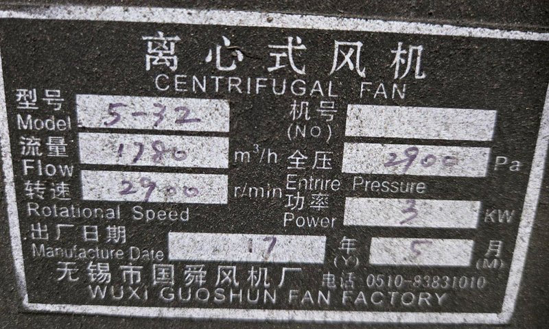 WUXI GUOSHUN FAN FACTORY 5-32 2900RPM 1780CU M/H CENTRIFUGAL BLOWER USED
