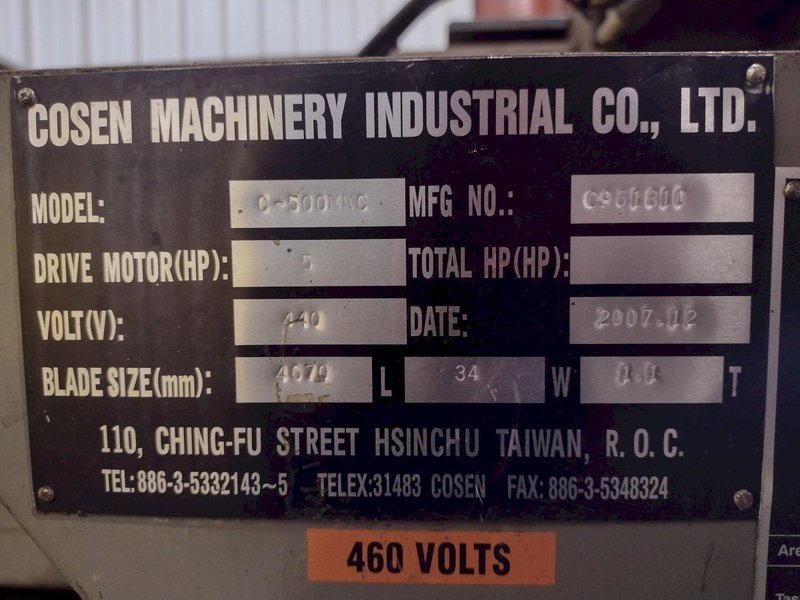 13" x 20" COSEN MODEL #C500MNC FULLY PROGRAMMABLE AUTOMATIC MITER HORIZONTAL BANDSAW: STOCK #18782