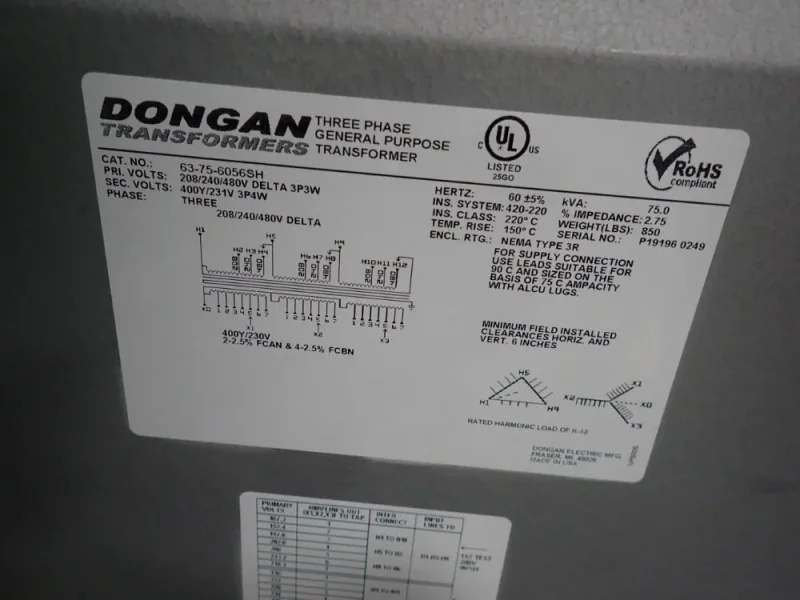 DONGAN ELECTRIC MFG 75 KVA TRANSFORMER  -  63-75-6056SH