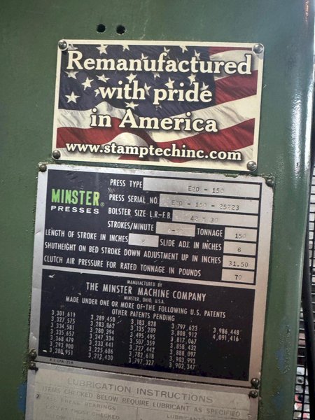 150 TON MINSTER E2-150-42-30 HEVI-STAMPER STRAIGHT SIDE PRESS. STOCK # 0882825