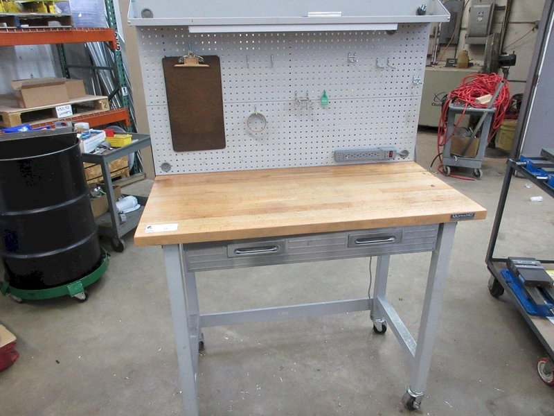 Portable Work Bench with Maple Top, Upper Shelf, Drawer, Work light- Auction Item