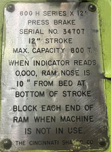 600 TON X 18&#039; CINCINNATI MODEL #600H HYDRAULIC PRESS BRAKE: STOCK #18650