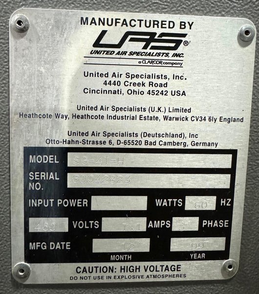 UAS/SMOG-HOG Dust/Mist Collector SG-4T-H, 4000 CFM, Electrostatic, Nice