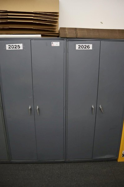 Metal 2 Door Heavy Duty Storage Cabinets (2 Units) with Adjustable Shelves and Contents of Plastic Bins and Parts- Auction Item