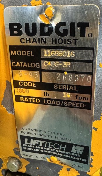 1/2 Ton Budgit Electric Chain Hoist, 16 FPM, Trolley, 1 Phase