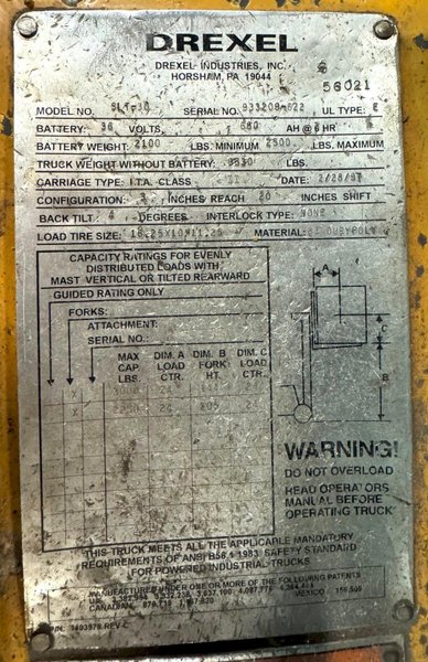 3000 Lb. Drexel Narrow Aisle Lift Truck SLT-30, Electric, Rotating Mast