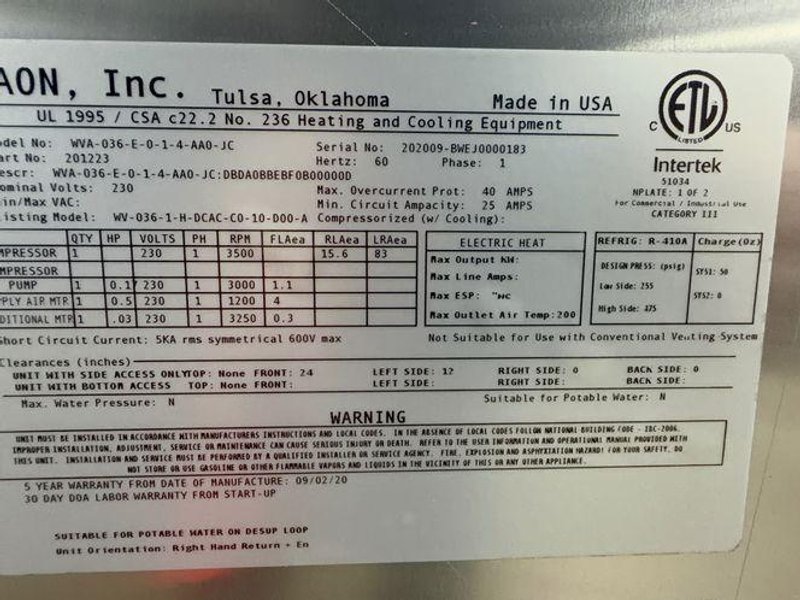 AAON DANDELION HEAT PUMP  -  WVA-036-E-0-1-4-AA0-JC