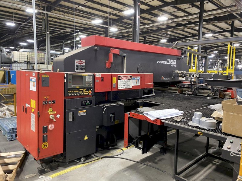 33 TON AMADA VIPROS 368 KING CNC TURRET PUNCH WITH LOADING TOWER AND UNLOADER SYSTEM. STOCK # 0848820