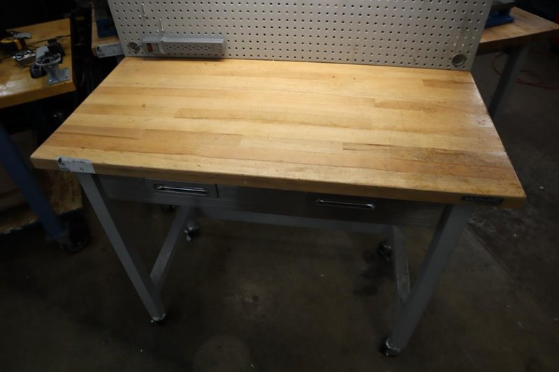 Portable Work Bench with Maple Top, Upper Shelf, Drawer, Work lighy- Auction Item