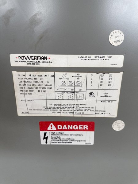 30 kVA POWERTRAN STEP-DOWN TRANSFORMER. STOCK # 0672325