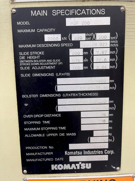 200 ton Komatsu Metal Stamping Servo Press Model H2F200, Year 2003!