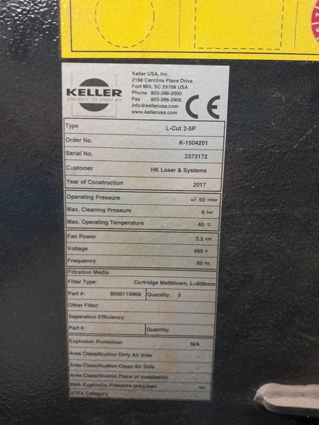 2017 KELLER MODEL #L-CUT 2-5P DUST COLLECTOR YOBRO #25373