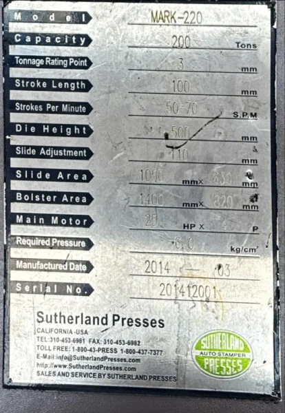SUTHERLAND 200 TON GAP FRAME PRESS  -  MARK-220
