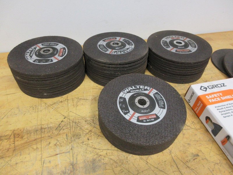 Walter Grinding Wheels 9" x 1/4" x 7/8" Thread on And Thru Hole, Dozens of **New Unused** Wheels with Safety Face Shield- Auction Item