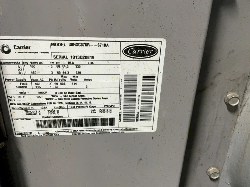 CARRIER 30 BAR WATER COOLED CHILLER  -  30HXC076R—661KA