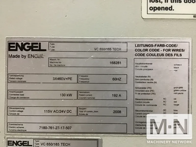 165 TON 8.2 OZ ENGEL MODEL VC650/165 TECH INJECTION MOLDING MACHINE MFG 2008