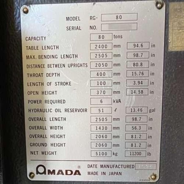 Amada RG-80 CNC Press Brake