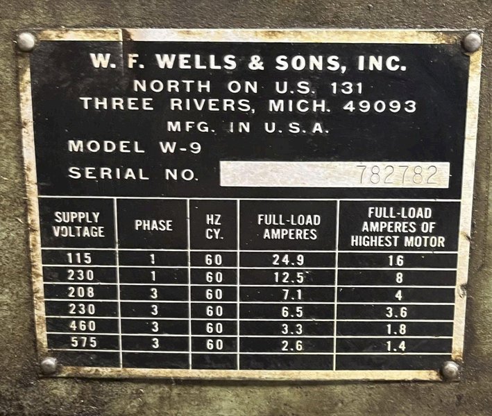 9&quot;X 18&quot; W. F. WELLS 9&quot; MODEL W-9 TWIN POST HORIZONTAL BANDSAW: STOCK #77899