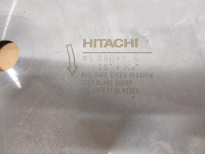 Cut-Off Saw Blades (4) Carbide Tipped Nap Gladu, Leuco and Other 16" x 1" **Used But Still Sharp**, (1) Hitachi 15" x 1" Wood Miter Saw Blade **Looks Unused**- Auction Item
