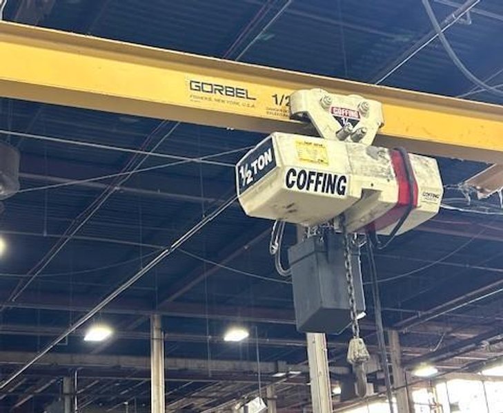 1/2 Ton Gorbel Free Standing Jib Crane, Coffing Hoist, 10&#039; Under, 10&#039; Span