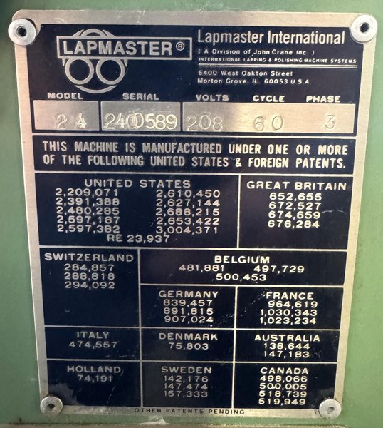 24" Lapmaster Lapping Machine No. 24, (3) Rings, Open Face