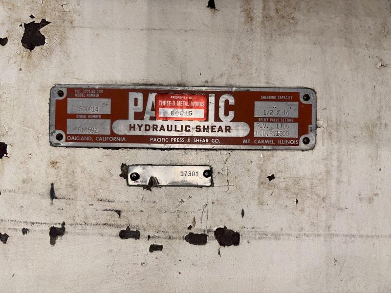 14' x 1/2" PACIFIC MODEL #500R HYDRAULIC POWER SHEAR WITH BACK GAUGE: STOCK #22940