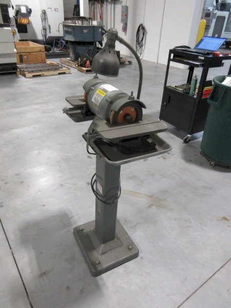 Baldor Double Tool Grinder On Pedestal Stand 6" Cupper Wheels, Tilting Work Tables w/ Drip Pans &amp; Work Light- Auction Item