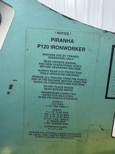 120 TON PIRANHA P120 HYDRAULIC IRONWORKER: STOCK #80681
