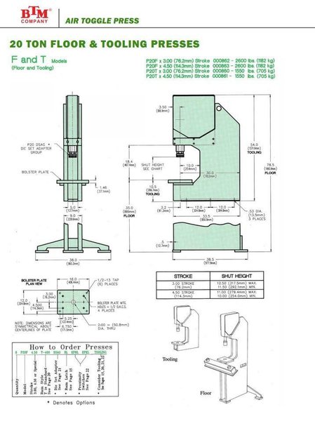 20 TON BTM MODEL #P20F TOG-L-LOC AIR TOGGLE SHEET METAL PRESS: YOBRO #24795