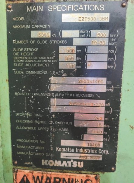 500 Ton Komatsu Transfer Press, Model E2T500-38M, 19&quot; STR, 33&quot; Die Height, 6&quot; ADJ, 81&quot; x 55&quot; BA, 10-30 SPM Vari, 4 Stage Trans, Cushions